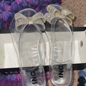 INC Clear Jelly Bow Sandals with Gold Rhinestone Bows